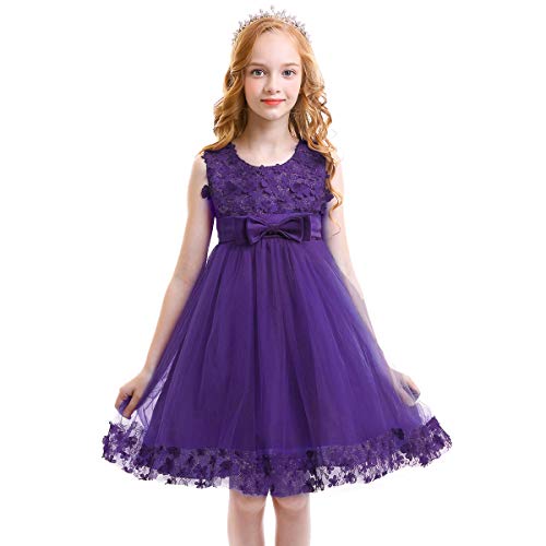 Festliches Kleid Mädchen Blumenmädchenkleider Ärmellos Spitze Prinzessin Tüllkleid Hochzeit Geburtstag Erstkommunion Kommunionkleid Einschulung Taufkleider Ballkleid Abendkleid Violett 6-7 Jahre von Odizli