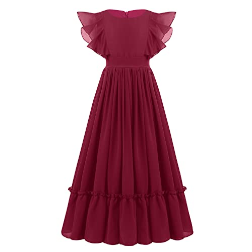 Festliches Kleid Mädchen Kinder Kommunionkleid Rüschen Chiffon Prinzessin A-Linie Maxikleid Blumenmädchenkleid Hochzeit Erstkommunion Brautjungfer Party Abendkleid Lang Ballkleid Weinrot 5-6 Jahre von Odizli