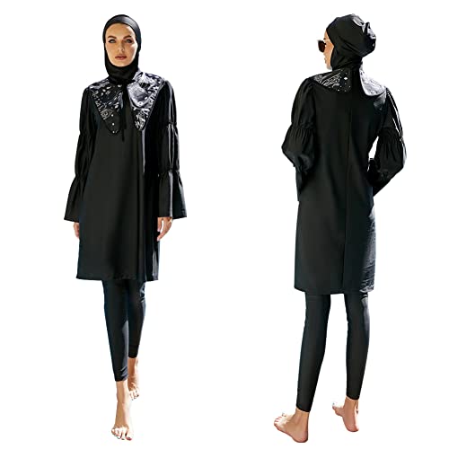 Frauen Muslimische Badeanzug Burkini Damen Muslim Full Cover Islamisch Arabisch Jilbab Schwimmanzug Langarm Schwimmoberteile Built in Bra+Schwimmhose+Hijab 3tlg Ganzkörper Modest Bademode 1#Schwarz XL von Odizli