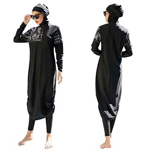 Frauen Muslimische Badeanzug Burkini Damen Muslim Full Cover Islamisch Arabisch Jilbab Schwimmanzug Langarm Schwimmoberteile Built in Bra+Schwimmhose+Hijab 3tlg Ganzkörper Modest Bademode 2#Schwarz S von Odizli