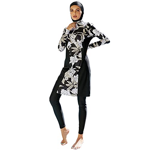 Frauen Muslimische Badeanzug Burkini Damen Muslim Full Cover Islamisch Arabisch Jilbab Schwimmanzug Langarm Schwimmoberteile Built in Bra+Schwimmhose+Hijab 3tlg Ganzkörper Modest Bademode 5#Schwarz M von Odizli