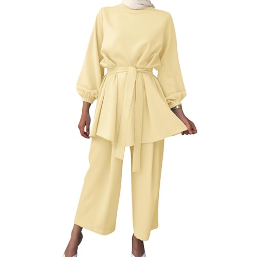 Gebetskleidung für Frauen Abaya Muslim Damen Muslimische Islamische Langarm Top + Lang Hose 2 Teiler Kaftan Khimar Namaz Elbisesi Ramadan Burka Ganzkörper Outfit Beige L von Odizli