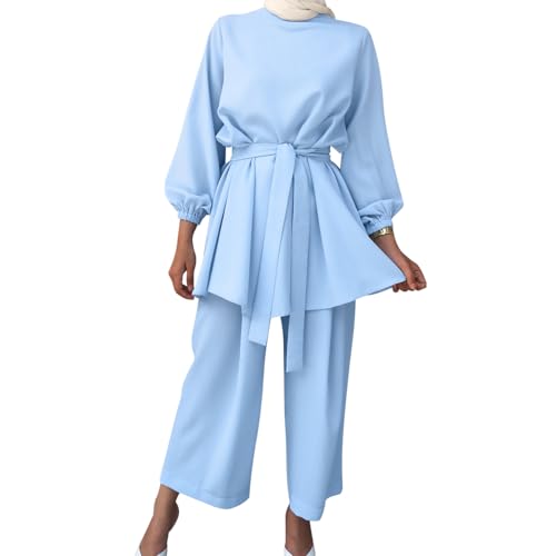 Gebetskleidung für Frauen Abaya Muslim Damen Muslimische Islamische Langarm Top + Lang Hose 2 Teiler Kaftan Khimar Namaz Elbisesi Ramadan Burka Ganzkörper Outfit Blau S von Odizli