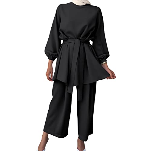 Gebetskleidung für Frauen Abaya Muslim Damen Muslimische Islamische Langarm Top + Lang Hose 2 Teiler Kaftan Khimar Namaz Elbisesi Ramadan Burka Ganzkörper Outfit Schwarz L von Odizli