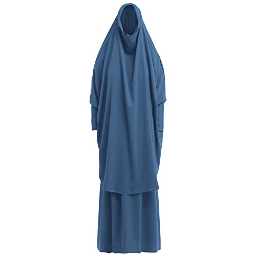 Gebetskleidung für Frauen Islam Muslimische Kleider Damen Langarm Namaz Elbisesi Arabisch Türkische Robe Jilbab Khimar Kaftan Ramadan Abaya Burka Ganzkörper Lang Gebetskleid+Hijab Blau Einheitsgröße von Odizli