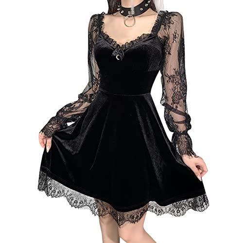 Gothic Kleid Damen Schwarz Sexy Steampunk Samtkleid Langarm Spitze Partykleid Frauen Punk Y2K A Linie Minikleid Fairy Grunge Halloween Vampir Cosplay Kostüm Gothic Kleidung Schwarz-Langarm L von Odizli