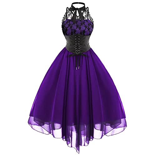 Gothic Kleidung Damen Steampunk Kleid Mittelalter Viktorianisches Renaissance Rockabilly Grunge Emo Punk Neckholder Spitze Corset Korsett Gürtel Chiffonkleid Halloween Kostüm Cosplay 1#Violett 4XL von Odizli