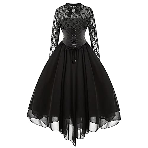 Gothic Kleidung Damen Steampunk Kleid Mittelalter Viktorianisches Renaissance Rockabilly Y2K Grunge Emo Aesthetic Langarm Spitze Corset Chiffonkleid Halloween Kostüm Cosplay Hexenkostüm Schwarz M von Odizli