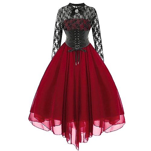 Gothic Kleidung Damen Steampunk Kleid Mittelalter Viktorianisches Renaissance Rockabilly Y2K Grunge Emo Punk Langarm Spitze Corset Chiffonkleid Halloween Kostüm Vampir Cosplay Hexenkostüm Weinrot XL von Odizli