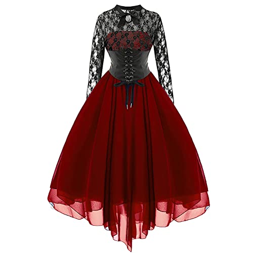 Gothic Kleidung Damen Steampunk Kleid Mittelalter Viktorianisches Renaissance Rockabilly Y2K Grunge Emo Punk Langarm Spitze Corset Chiffonkleid Halloween Kostüm Vampir Cosplay Hexenkostüm Weinrot L von Odizli