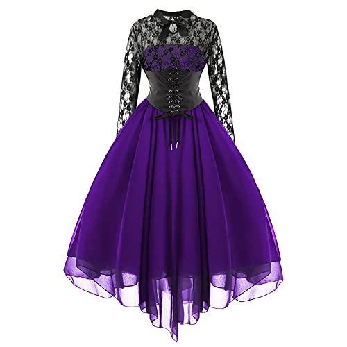 Gothic Kleidung Damen Steampunk Kleid Mittelalter Viktorianisches Rockabilly Y2K Grunge Emo Aesthetic Punk Langarm Spitze Corset Chiffonkleid Halloween Kostüm Vampir Cosplay Hexenkostüm Violett M von Odizli