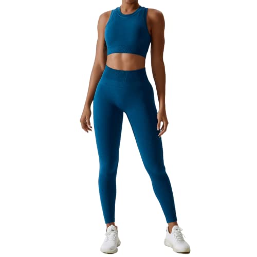 Gym Set Damen Zweiteiler Frauen Crop Tops+High Waist Leggings Sportleggins Lang Leggins Workout Outfit Yoga Kleidung Sportanzug Sportkleidung Fitness Bekleidung Sportsachen Dunkelblau Leggings S von Odizli