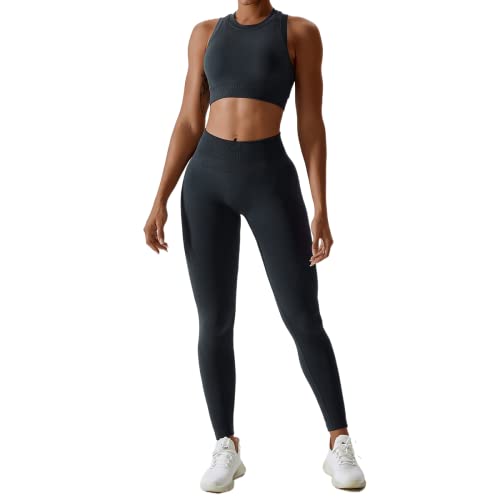 Gym Set Damen Zweiteiler Frauen Crop Tops+High Waist Leggings Sportleggins Lang Leggins Workout Outfit Yoga Sportanzug Sportkleidung Fitness Bekleidung Sportsachen Trainingsanzug Grau Leggings L von Odizli