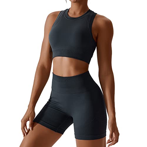 Gym Set Damen Zweiteiler Frauen Sport BH Oberteile Crop Tops+High Waist Shorts Workout Outfit Yoga Kleidung Sportanzug Sportkleidung Fitness Bekleidung Sportsachen Trainingsanzug Grau Shorts M von Odizli