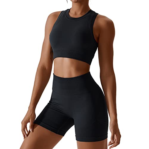 Gym Set Damen Zweiteiler Frauen Sport BH Oberteile Crop Tops+High Waist Shorts Workout Outfit Yoga Kleidung Sportanzug Sportkleidung Fitness Bekleidung Sportsachen Trainingsanzug Schwarz Shorts XL von Odizli