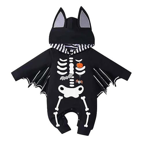 Halloween Kostüm Baby Mädchen Jungen Neugeborene Fledermaus Batman Verkleiden Lächeln Kürbis Schädel Skelett Langarm Strampler Body Overall Hut Umhang Cosplay Faschingskostüm 9#Schwarz 3-6 Monate von Odizli