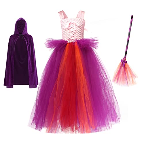 Halloween Kostüm Kinder Hexenkostüm Mädchen Sanderson Sisters Witch Verkleidung Tüll Kleider Hexenbesen Hexenhut Umhang Hexen Verkleidungskiste Karneval Cosplay Faschingskostüm Sarah 8-10 Jahre von Odizli