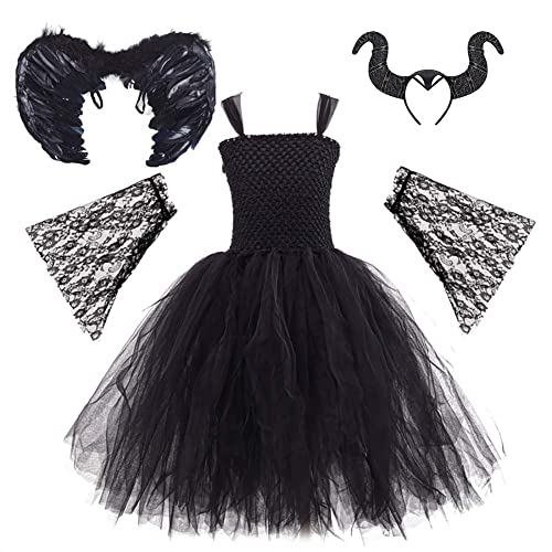 Halloween Kostüm Kinder Mädchen Maleficent Teufel Hexenkostüm Prinzessin Gestricktes Tüllkleid Festkleid Engelsflügel Hörner Teufelshörner Karneval Party Cosplay Faschingskostüme 2#Schwarz 11 Jahre von Odizli