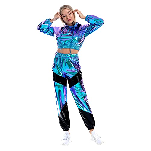 Odizli Jogginganzug Damen Set Glitzer Metallic 70er 80er 90er Jahre Outfit Langarm Kapuzen Bauchfrei Crop Top+Cargohose Jogginghose 2tlg Trainingsanzug Fitness Gym Workout Sportanzug Blau Schwarz XXL von Odizli
