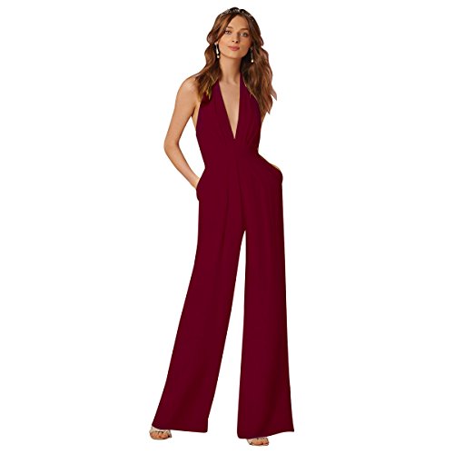 Jumpsuit Damen Elegant Lang Breites Bein Ärmellos Neckholder V-Ausschnitt Sommer Overall Frauen Festlich Kleidung Hochzeit Brautjungfer Formal Party Geschäft Hosenanzug Playsuit Romper Weinrot M von Odizli