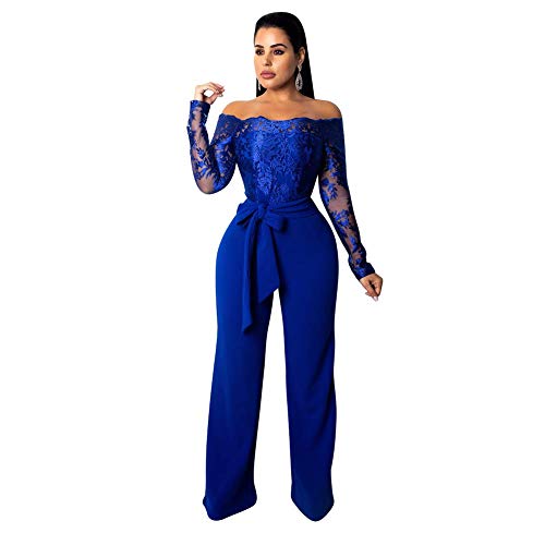 Jumpsuit Damen Elegant Sommer Off Shoulder Blume Spitze Langarm Lang Breites Bein Overall Frauen Festlich Kleidung Hochzeit Brautjungfer Formal Party Geschäft Hosenanzug Playsuit Romper Blau XL von Odizli