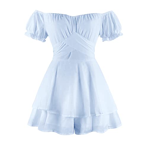 Jumpsuit Damen Sommer Kurz Elegant Sexy Boho Blume Off Shoulder Chiffon Strampler Shorts Smock Minikleid Overall Festlich Hochzeit Y2K Cottagecore Dress Sommerkleid Playsuit Hosenanzug Blau L von Odizli