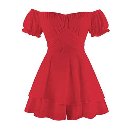 Jumpsuit Damen Sommer Kurz Elegant Sexy Boho Blume Off Shoulder Chiffon Strampler Shorts Smock Minikleid Overall Festlich Hochzeit Y2K Cottagecore Dress Sommerkleid Playsuit Hosenanzug Rot XL von Odizli