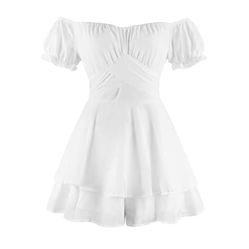 Jumpsuit Damen Sommer Kurz Elegant Sexy Boho Blume Off Shoulder Chiffon Strampler Shorts Smock Minikleid Overall Festlich Hochzeit Y2K Cottagecore Dress Sommerkleid Playsuit Hosenanzug Weiß M von Odizli