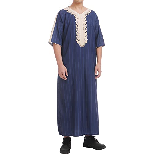 Kaftan Herren Abaya Muslimische Kleider Arabische Islamische Kleidung Gebetskleidung für Männer Tunika Nachthemd Dubai Robe 3/4 Ärmel V-Ausschnitt Streifen Print Lose Lang Thobe Marineblau 01 3XL von Odizli