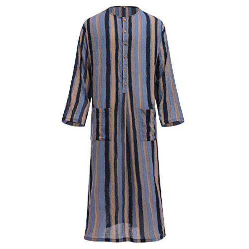 Kaftan Herren Langarm Abaya Muslim Islamische Lang Knopf Hoch Thobe Seite Split Gebetskleidung Männer Ethnische Kleidung Saudi Arabische Muslimische Dubai Robe mit Taschen Scheich Kostüm Blau 3XL von Odizli