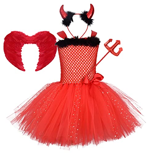 Kind Kleinkind Baby Mädchen Engel Kostüm Teufel Kostüm Tutu Kleid+Gefallene Engelsflügel+Teufelshörner+Zauberstab Fee Outfit Geburtstag Halloween Weihnachten Karneval Cosplay Rot+Schwarz 3-4 Jahre von Odizli