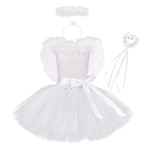 Kinder Kleinkind Baby Mädchen Engel Kostüm Krippenspiel Kostüm Tutu Kleid+Engelsflügel+Heiligenschein+Zauberstab 4tlg Fee Outfit Geburtstag Halloween Weihnachten Karneval Cosplay Weiß 6-12 Monate von Odizli