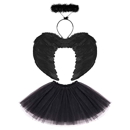 Kinder Kleinkind Mädchen Dark Angel Kostüm Teufel Ankleiden Tüll Tutu Rock+Schwarze Flügel+Heiligenschein Stirnband 3tlg Fee Outfit Halloween Weihnachten Karneval Cosplay Schwarz Engel 3pcs 2-12 Jahre von Odizli