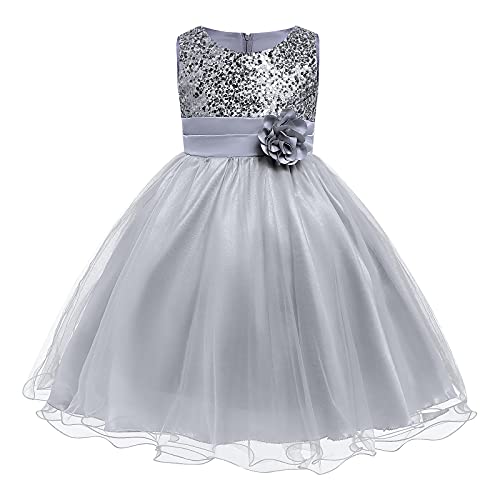 Kinder Mädchen Ärmellos Glitzer Pailletten Blumen Tütü Tüllkleid Prinzessin Kleid Blumenmädchenkleider Festliche Hochzeit Erstkommunion Taufkleid Party Einschulungs Sommerkleider Grau 3-4 Jahre von Odizli