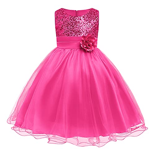 Kinder Mädchen Ärmellos Glitzer Pailletten Blumen Tütü Tüllkleid Prinzessin Kleid Blumenmädchenkleider Festliche Hochzeit Erstkommunion Taufkleid Party Einschulungs Sommerkleider Rosenrot 5-6 Jahre von Odizli