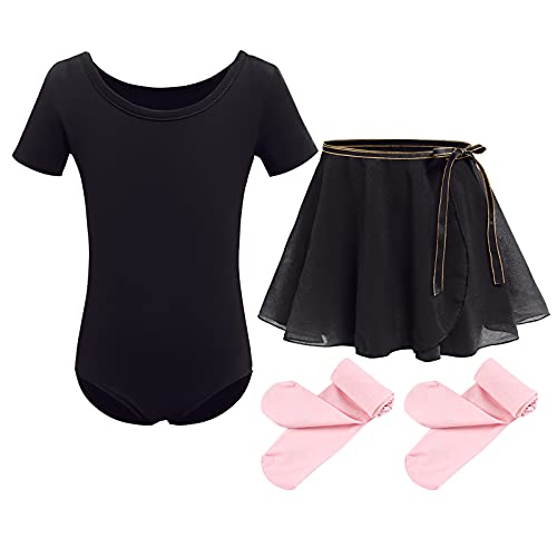 Kinder Mädchen Ballettkleidung Baumwolle Kurzarm Balletttrikot Turnanzug Tanzbody + Chiffon Wickelrock Tütü Rock Tanzkleid + Strumpfhose 3tlg Ballettanzug Schwarz 7-8 Jahre von Odizli