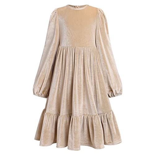 Kleid Mädchen Kinder Langarm Samt A Line Prinzessin Blumenmädchenkleider Weihnachtskleid Hochzeit Festlich Geburtstag Abendkleid Ballkleid Herbst Kleidung Winterkleid Aprikose#1 7-8 Jahre von Odizli