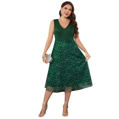 Kleider Große Größen Festlich Abendkleid Elegant für Hochzeit Mollige Frauen Ärmellos V Ausschnitt Midi Glitzer Tüllkleid Damen Hochzeit Gast Coctailkleid Abschlusskleider Festkleider Dunkelgrün XL von Odizli