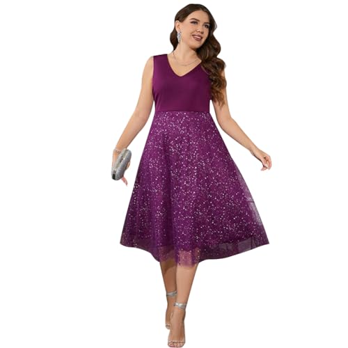 Kleider Große Größen Festlich Abendkleid Elegant für Hochzeit Mollige Frauen Ärmellos V Ausschnitt Midi Glitzer Tüllkleid Damen Hochzeit Gast Coctailkleid Abschlusskleider Festkleider Purplish XL von Odizli