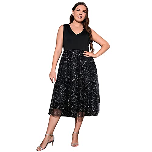 Kleider Große Größen Festlich Abendkleid Elegant für Hochzeit Mollige Frauen Ärmellos V Ausschnitt Midi Glitzer Tüllkleid Damen Hochzeit Gast Coctailkleid Abschlusskleider Festkleider Schwarz 5XL von Odizli