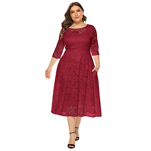 Kleider Große Größen Festlich Abendkleid Lang Elegant für Hochzeit Mollige Frauen 3/4 Ärmel Spitzenkleid Damen Hochzeit Gast Hochzeitsgast Knielang Coctailkleid Abschlusskleider Festkleider Rot 6XL von Odizli