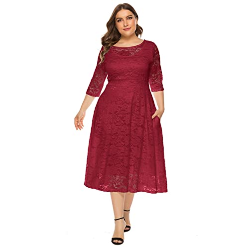 Kleider Große Größen Festlich Abendkleid Lang Elegant für Hochzeit Mollige Frauen 3/4 Ärmel Spitzenkleid Damen Hochzeit Gast Hochzeitsgast Knielang Coctailkleid Abschlusskleider Festkleider Rot 4XL von Odizli
