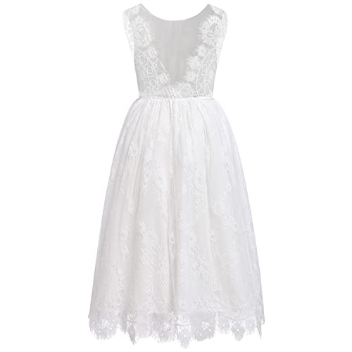 Kommunionkleid Mädchen Kinder Blumenmädchenkleider Ärmellos Rückenfreies A-Linie Blumen Spitzenkleid Erstkommunion Kleid Hochzeit Festliche Geburtstag Party Ballkleid Lang Abendkleid Weiß 11-12 Jahre von Odizli