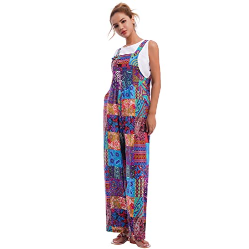 Latzhose Damen Sommer Lang Boho Bohemian Blumen Locker Weite Hose Overall Jumpsuit Einteiler Playsuit Arbeitslatzhose mit Taschen Loose Fit Hoseanzug Romper Gro�e Gr��en Blau M von Odizli