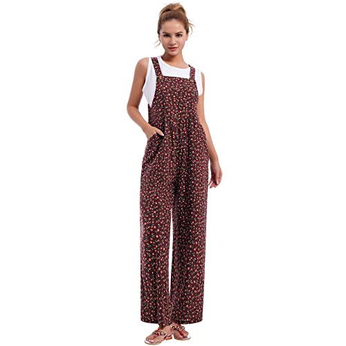 Latzhose Damen Sommer Lang Boho Bohemian Blumen Locker Weite Hose Overall Jumpsuit Einteiler Playsuit Arbeitslatzhose mit Taschen Loose Fit Hoseanzug Romper Große Größen Kaffee S von Odizli