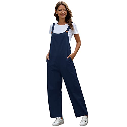 Latzhose Damen Sommer Locker Lang Weite Hose Overall Jumpsuit Einteiler Playsuit Arbeitslatzhose Große Größen mit Taschen Loose Fit Hoseanzug Romper Dunkelblau 2XL von Odizli