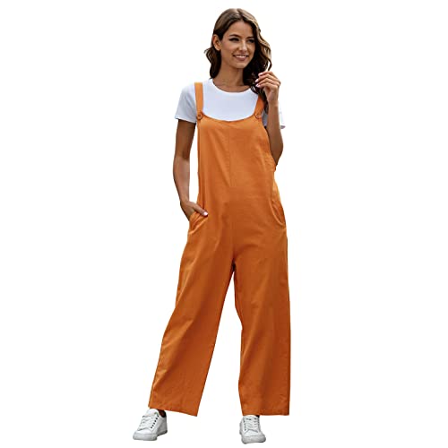 Latzhose Damen Sommer Locker Lang Weite Hose Overall Jumpsuit Einteiler Playsuit Arbeitslatzhose Große Größen mit Taschen Loose Fit Hoseanzug Romper Orange 2XL von Odizli