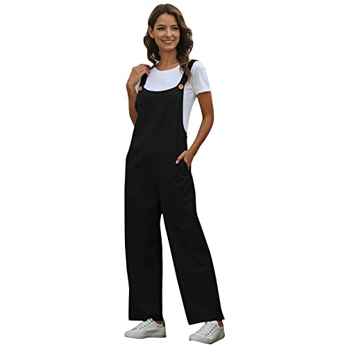 Latzhose Damen Sommer Locker Lang Weite Hose Overall Jumpsuit Einteiler Playsuit Arbeitslatzhose Große Größen mit Taschen Loose Fit Hoseanzug Romper Schwarz 2XL von Odizli