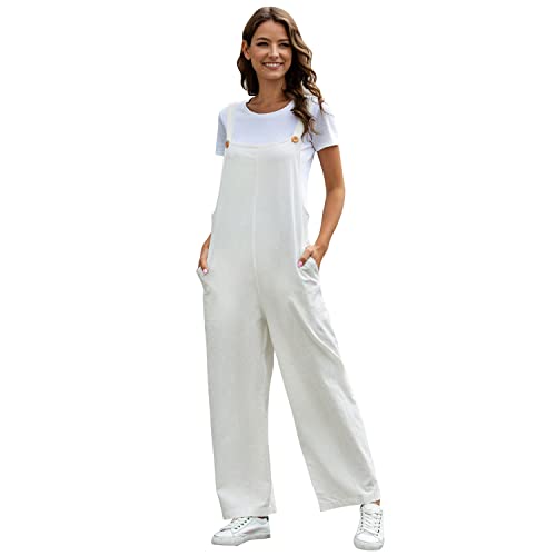 Latzhose Damen Sommer Locker Lang Weite Hose Overall Jumpsuit Einteiler Playsuit Arbeitslatzhose Große Größen mit Taschen Loose Fit Hoseanzug Romper Weiß 2XL von Odizli