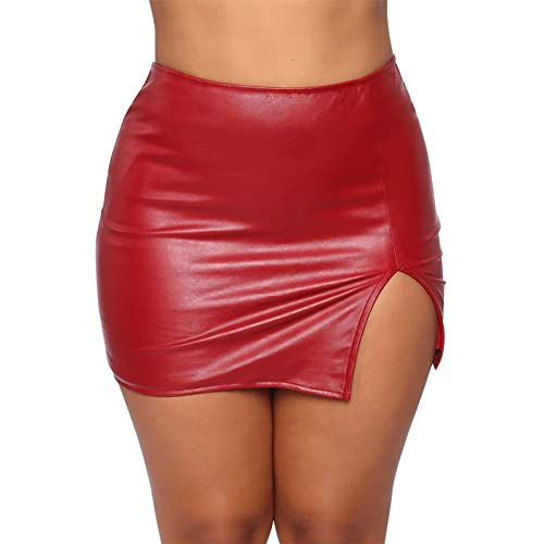 Lederrock Damen Sexy Wetlook PU Lack und Leder Minirock High Waist Kurz Röcke Bodycon Bleistiftrock Mini Rock mit Schlitz Frauen Sommer Clubwear Party Rave Festival Outfit Rot #3 L von Odizli